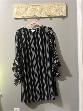 Black & White Striped Mini Dress with Fluted Sleeves